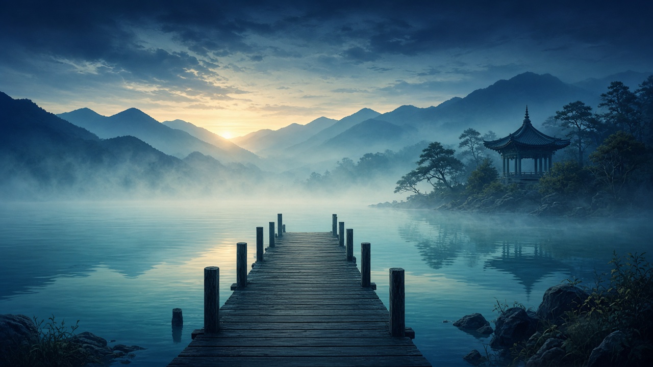 Empty pier at dawn — peaceful martial-arts setting